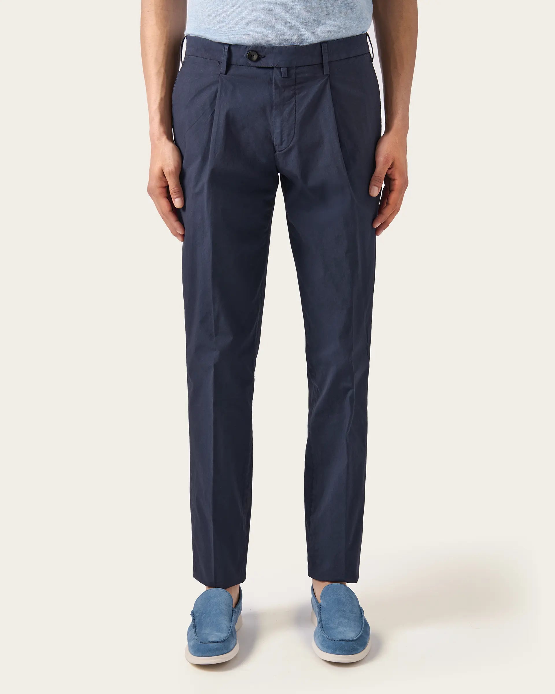 Blue Popeline Garment Dyed Cotton Stretch Pants