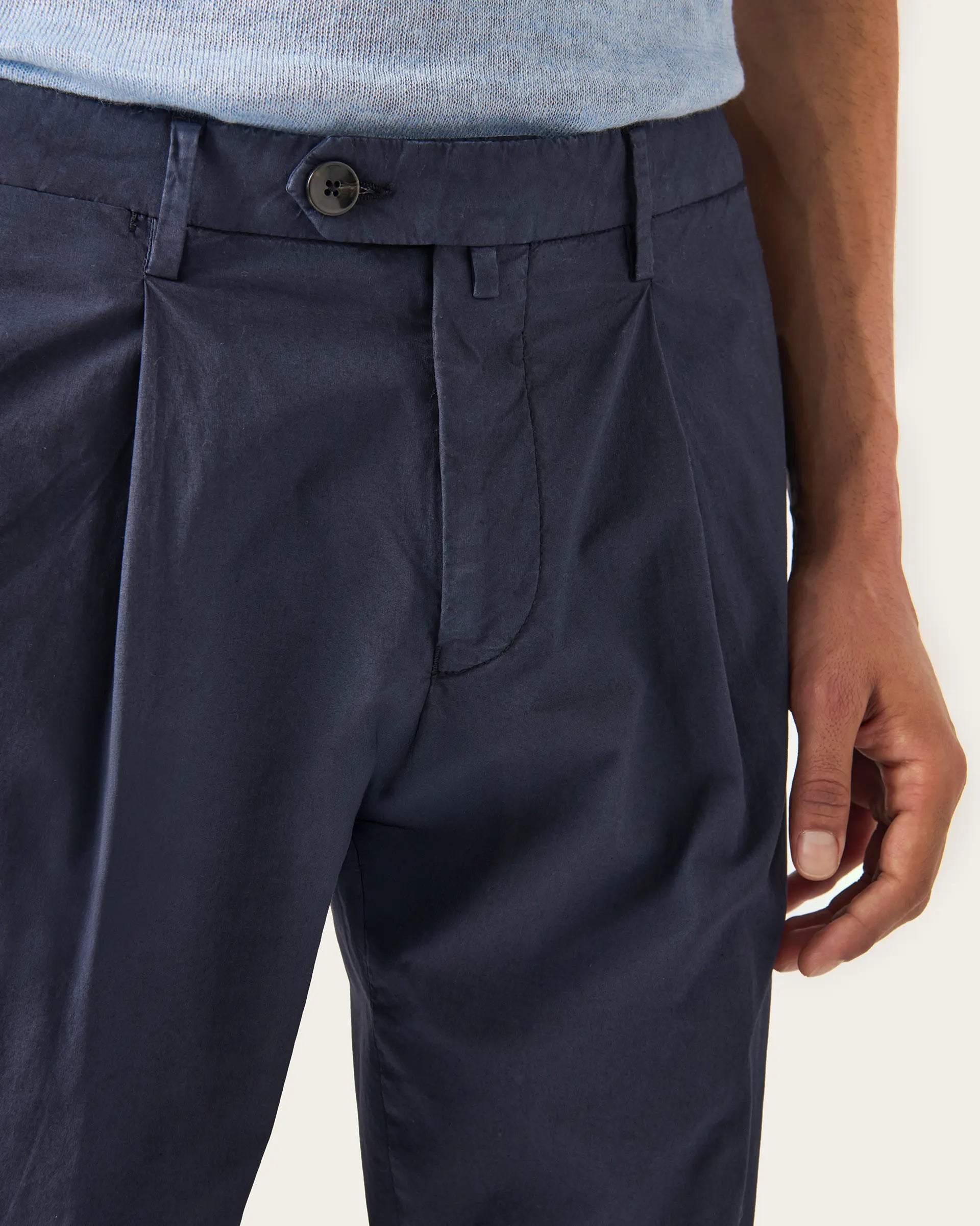 Blue Popeline Garment Dyed Cotton Stretch Pants