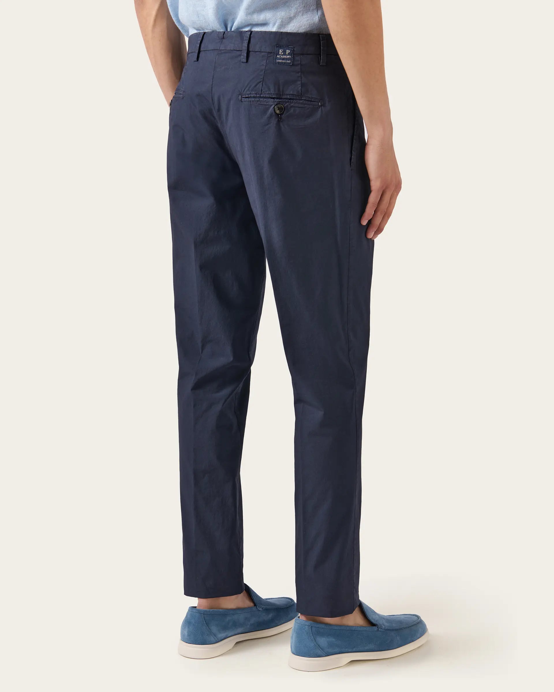 Blue Popeline Garment Dyed Cotton Stretch Pants