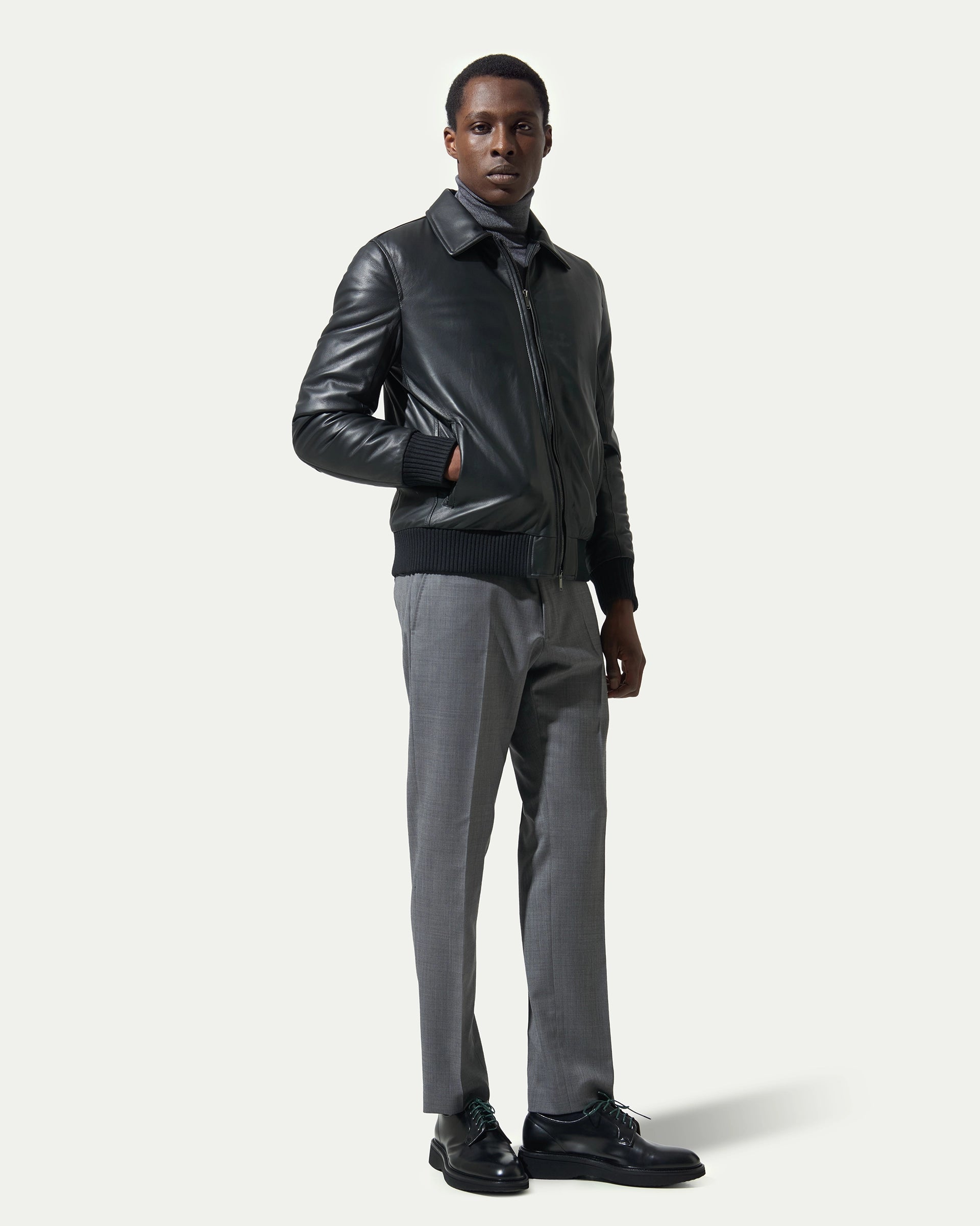 Black padded Genuine Leather Bomber jacket