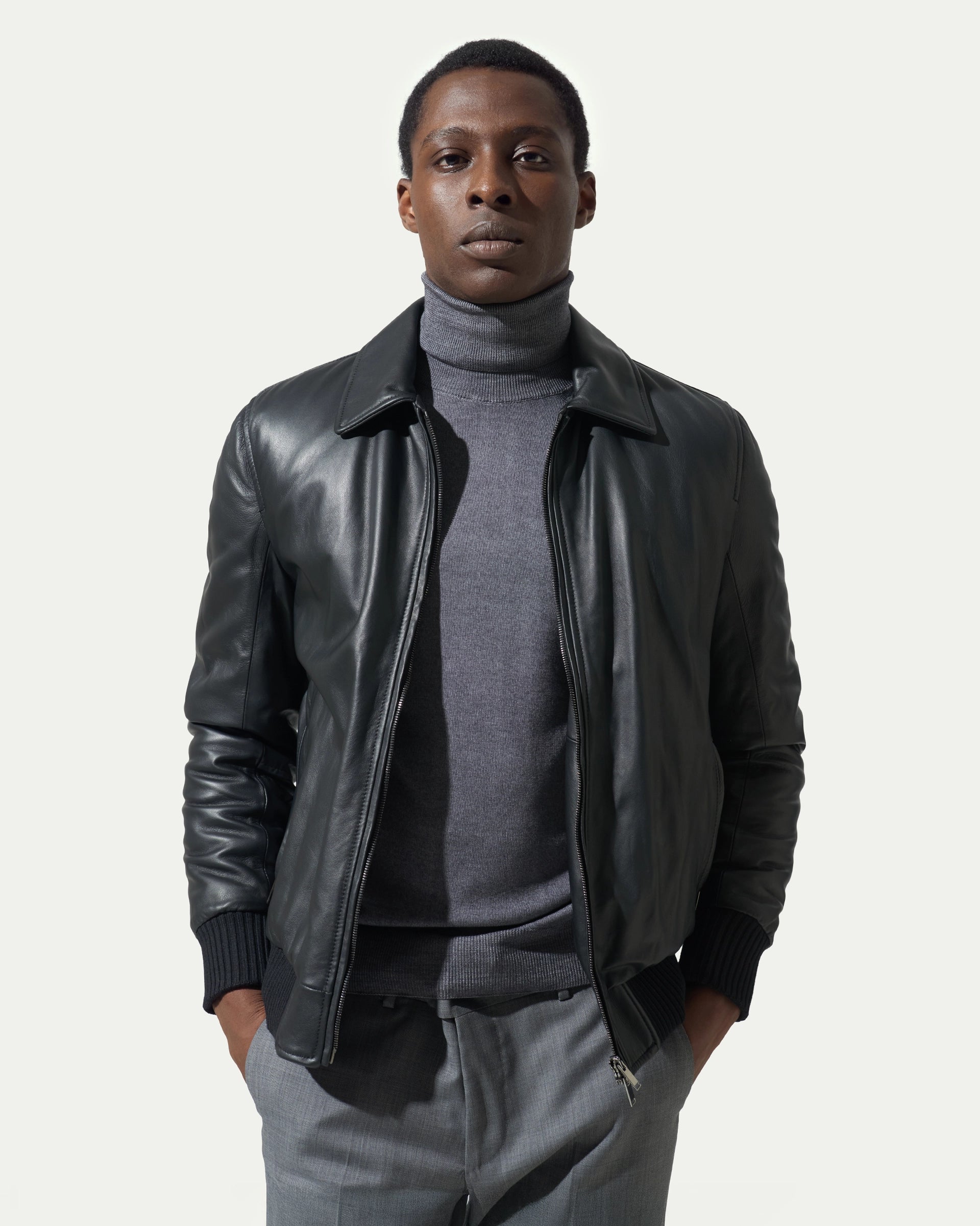Black padded Genuine Leather Bomber jacket