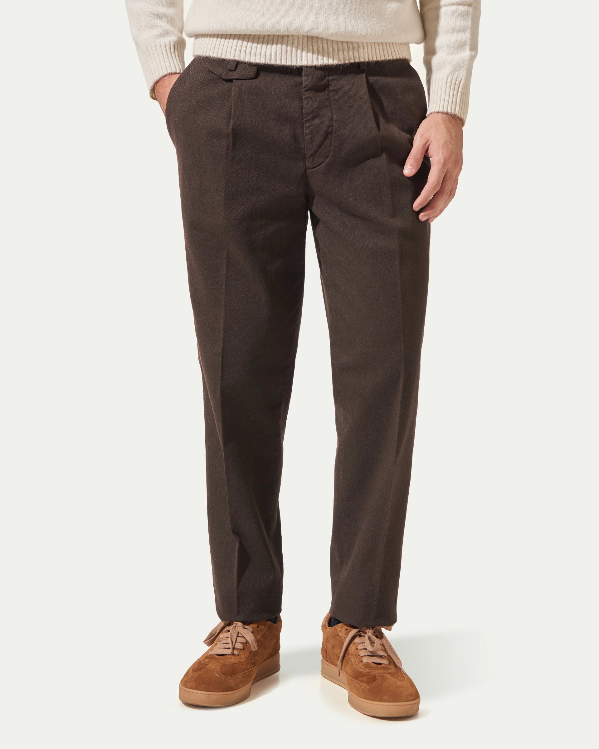 Brown Carrot  stretch cotton with pleats and button placket pants