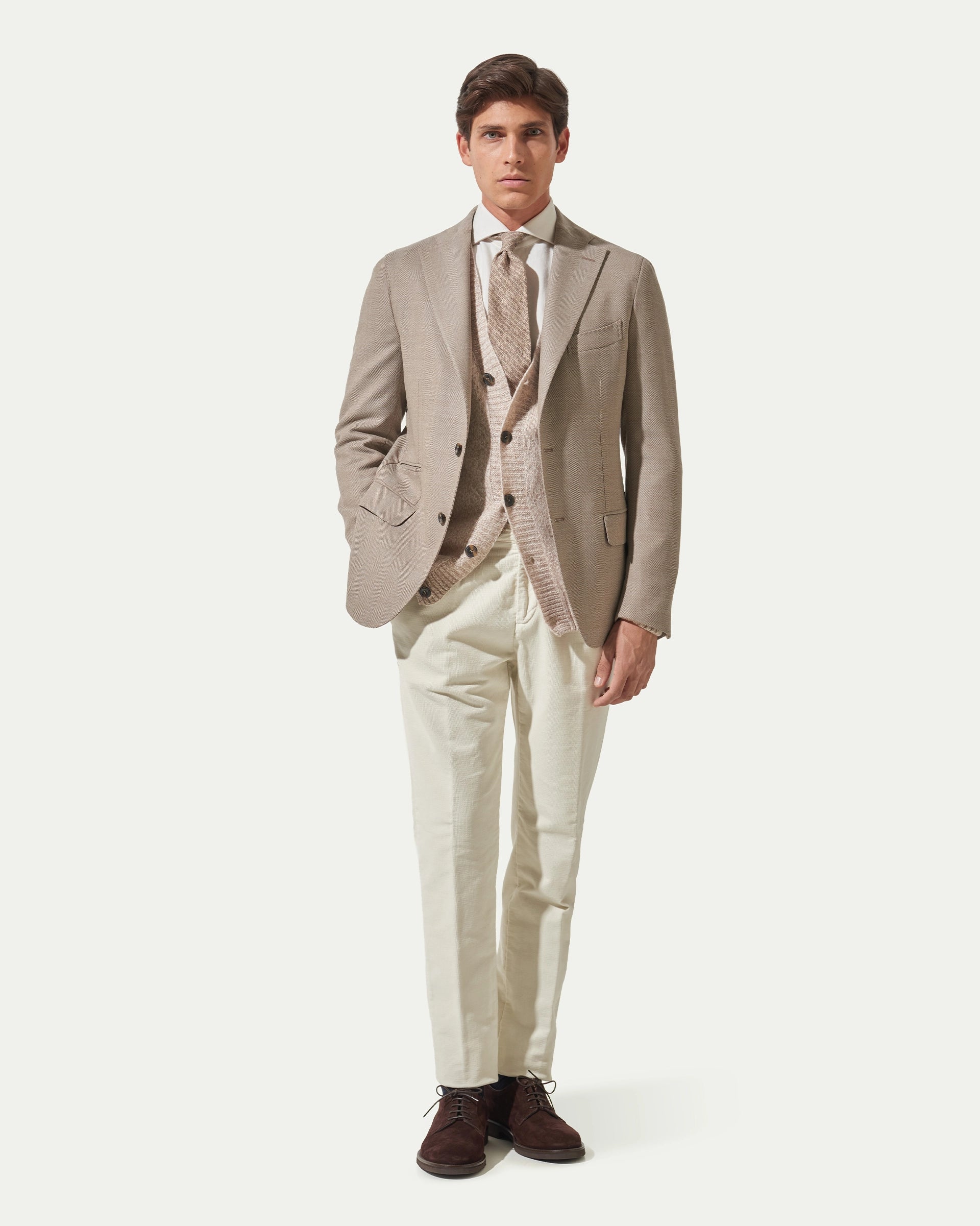 Beige Herrigbone Wool Stretch Reda Flexo