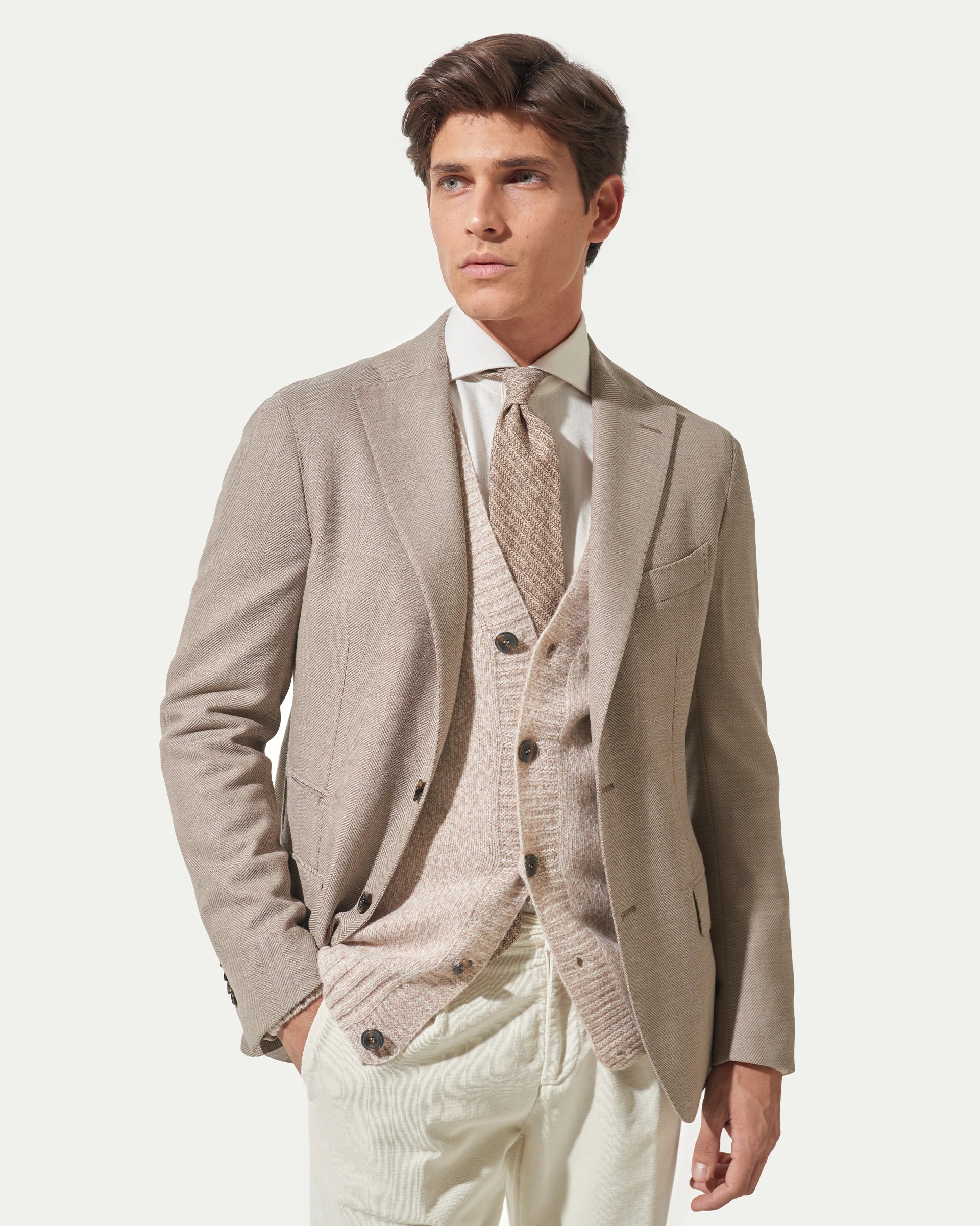 Beige Herrigbone Wool Stretch Reda Flexo