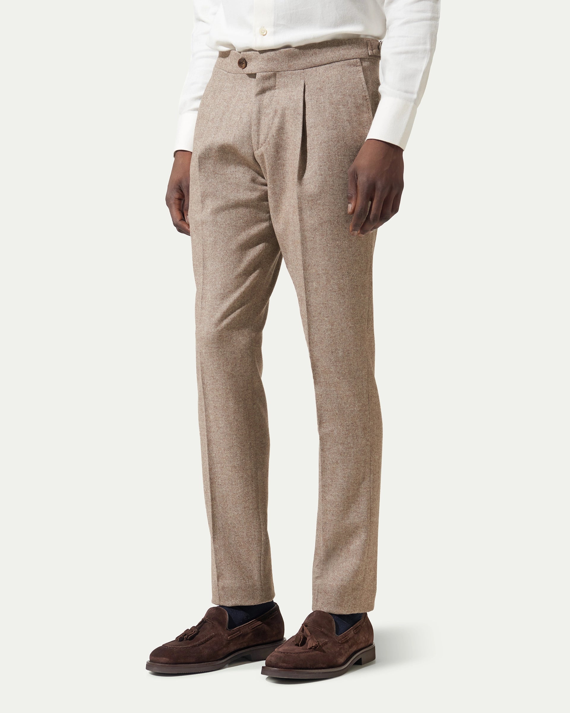 Beige Herringbone Pleated and Button placket cotton pants