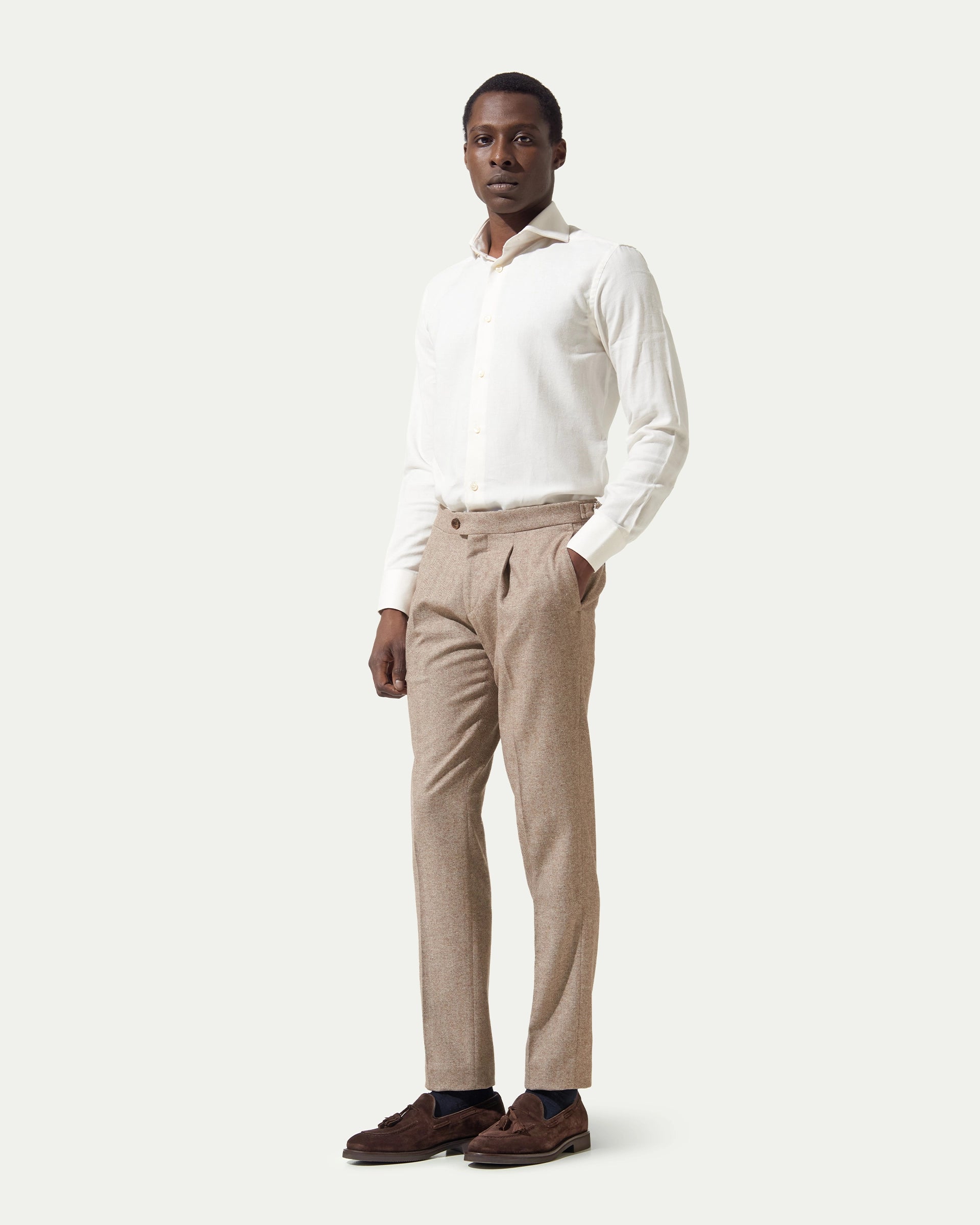 Beige Herringbone Pleated and Button placket cotton pants