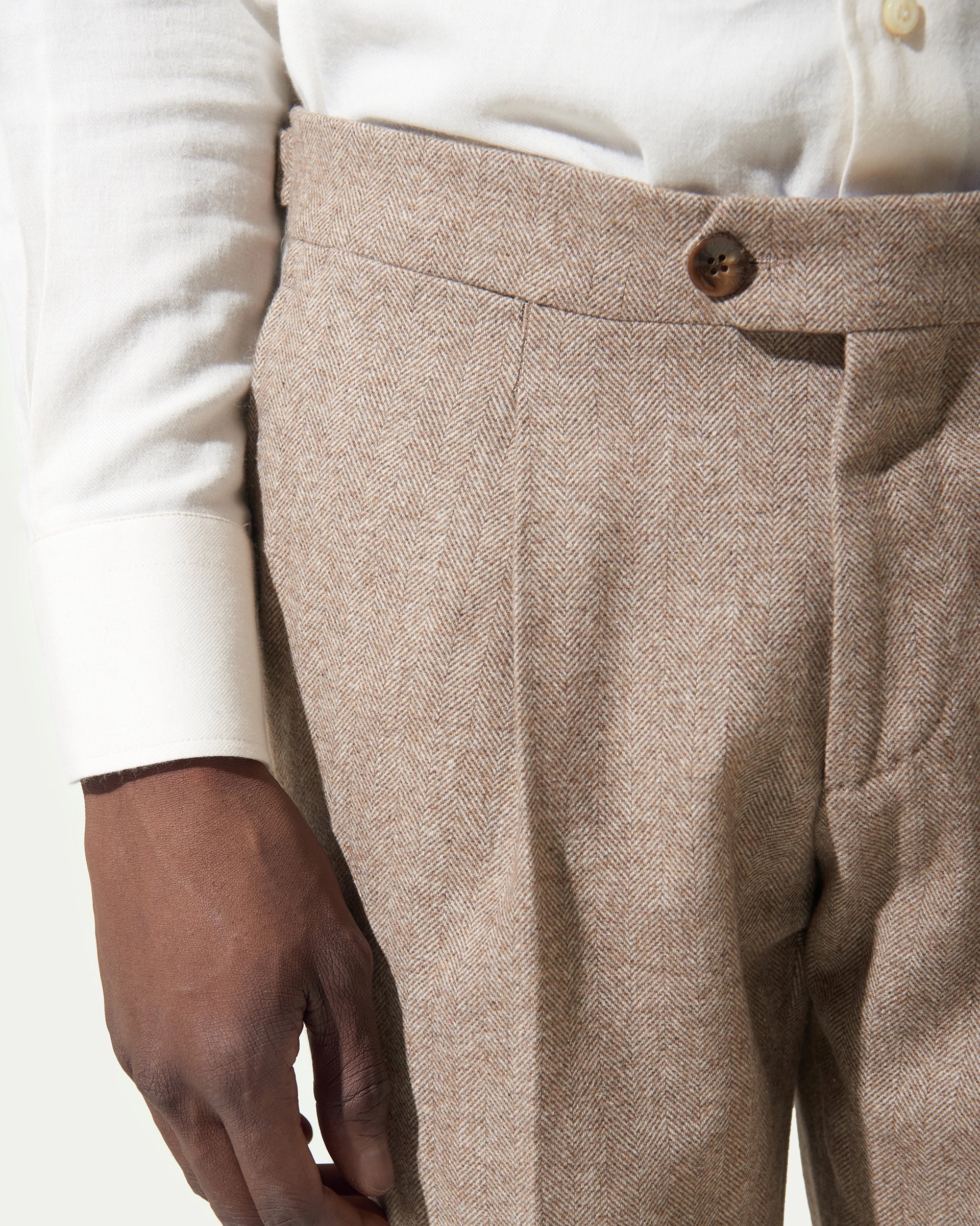 Beige Herringbone Pleated and Button placket cotton pants