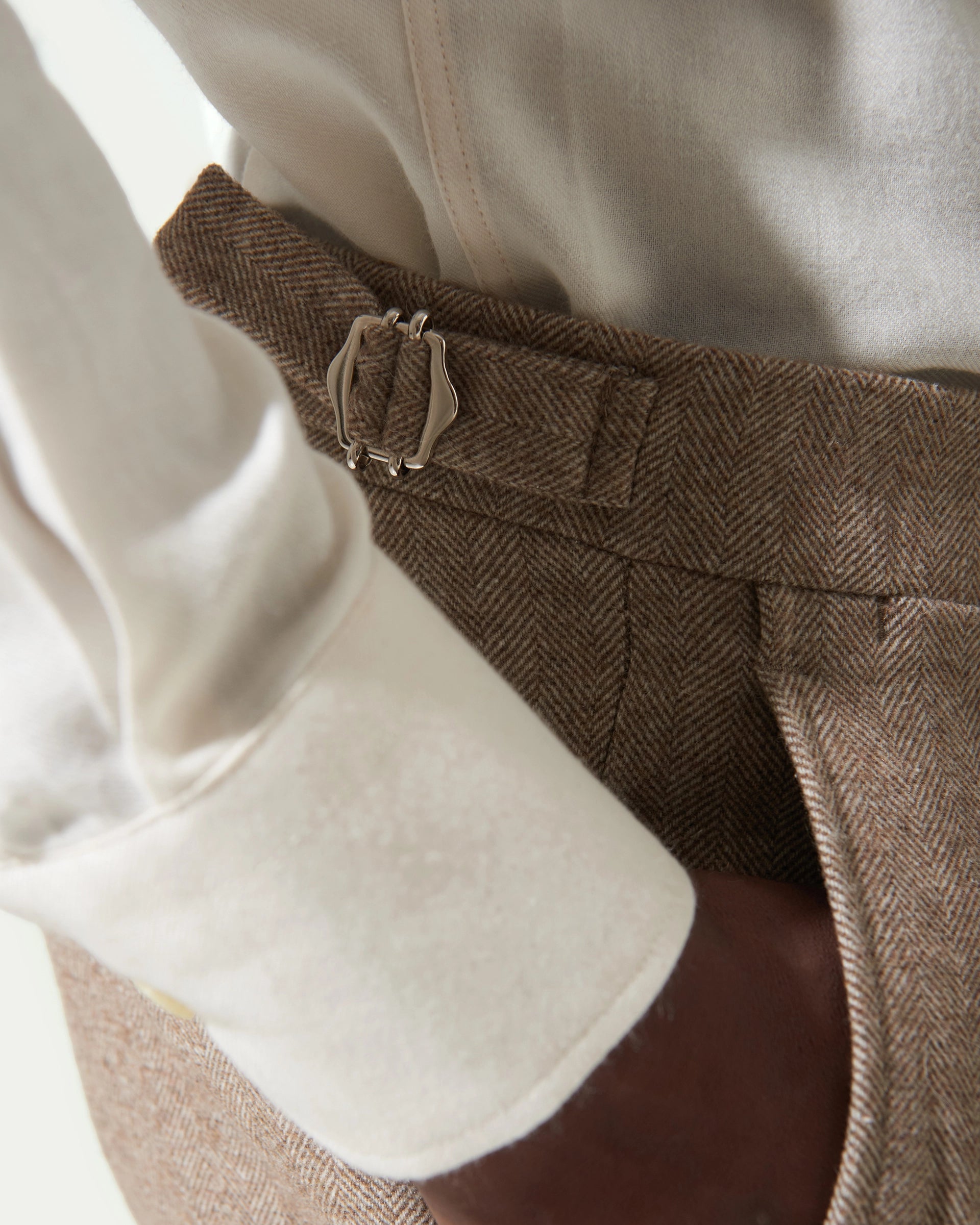 Beige Herringbone Pleated and Button placket cotton pants