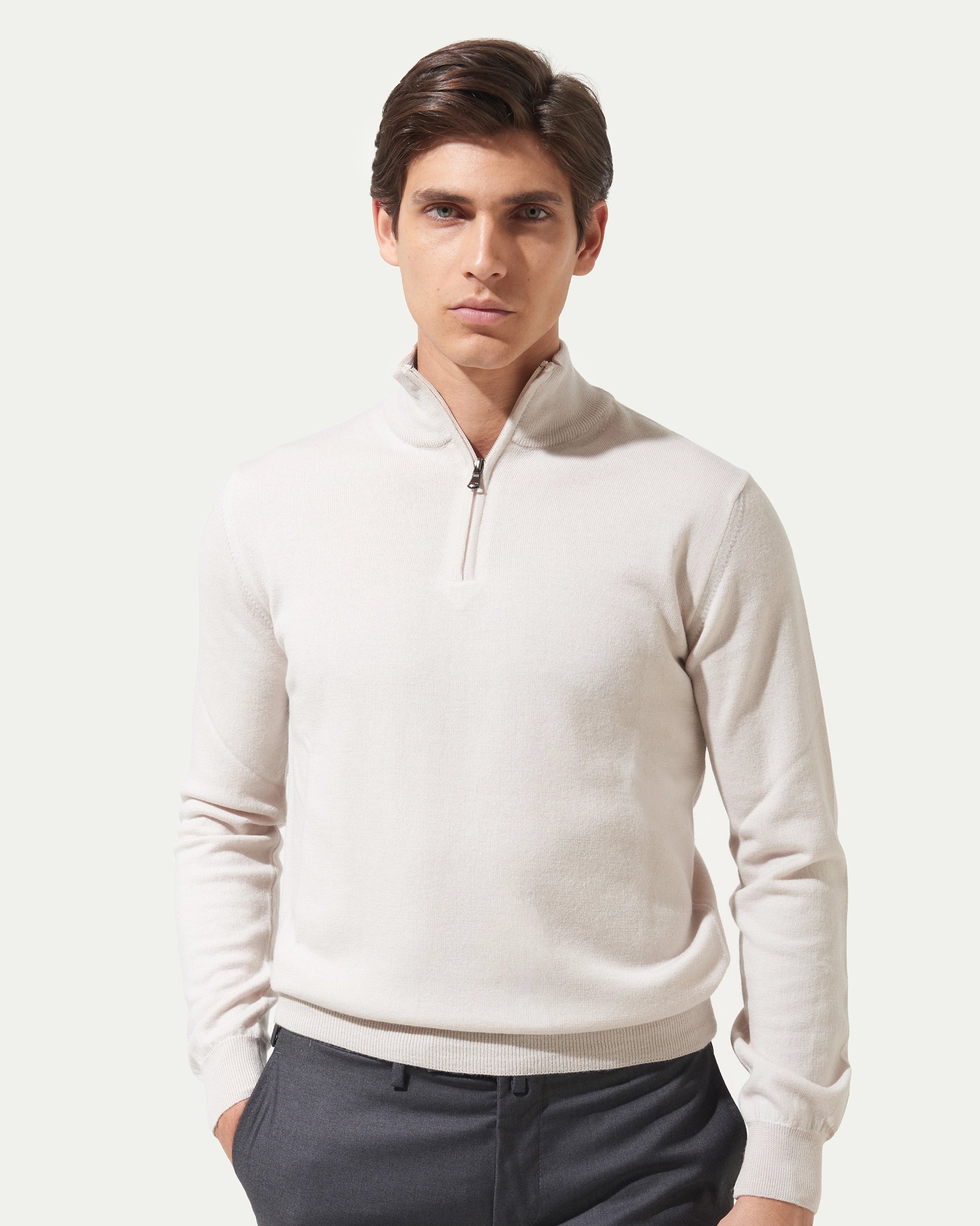 Beige Half Zip Merinos Extrafine Wool