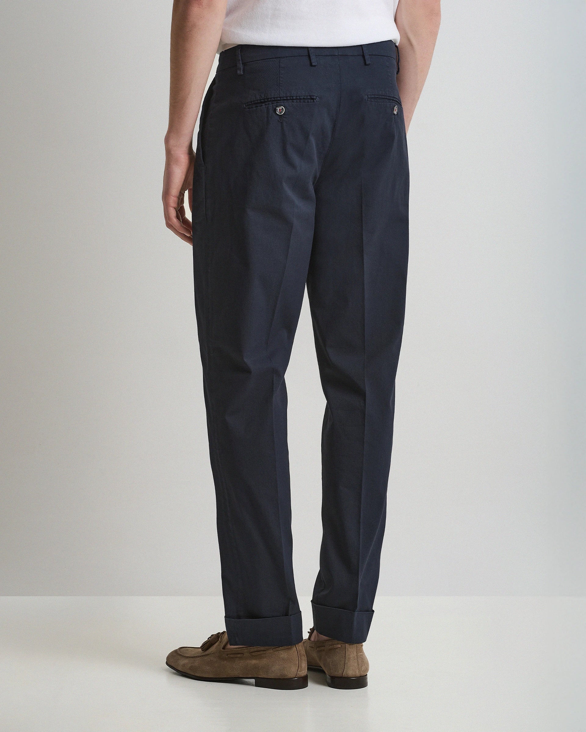 Blue Cotton Stretch  carrot Pants with pleats and button fastening