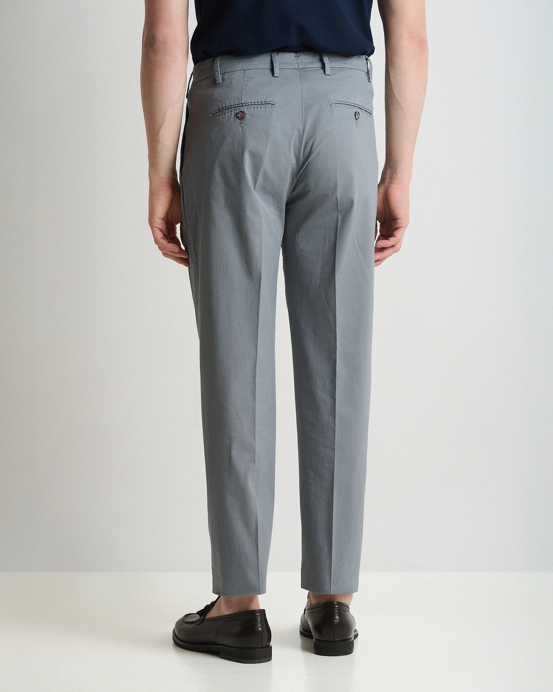 Grey Cotton Stretch carrot Pants with pleats and button fastening
