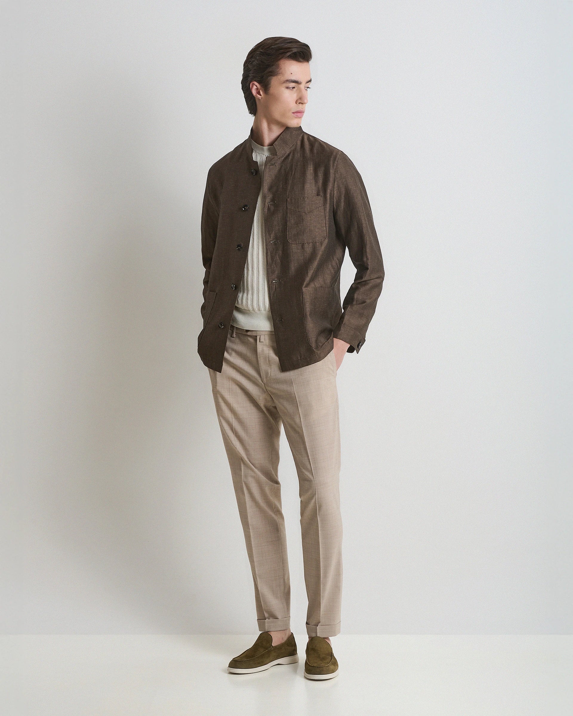 Brown melange wool and linen overshirt from Lanificio Zignone
