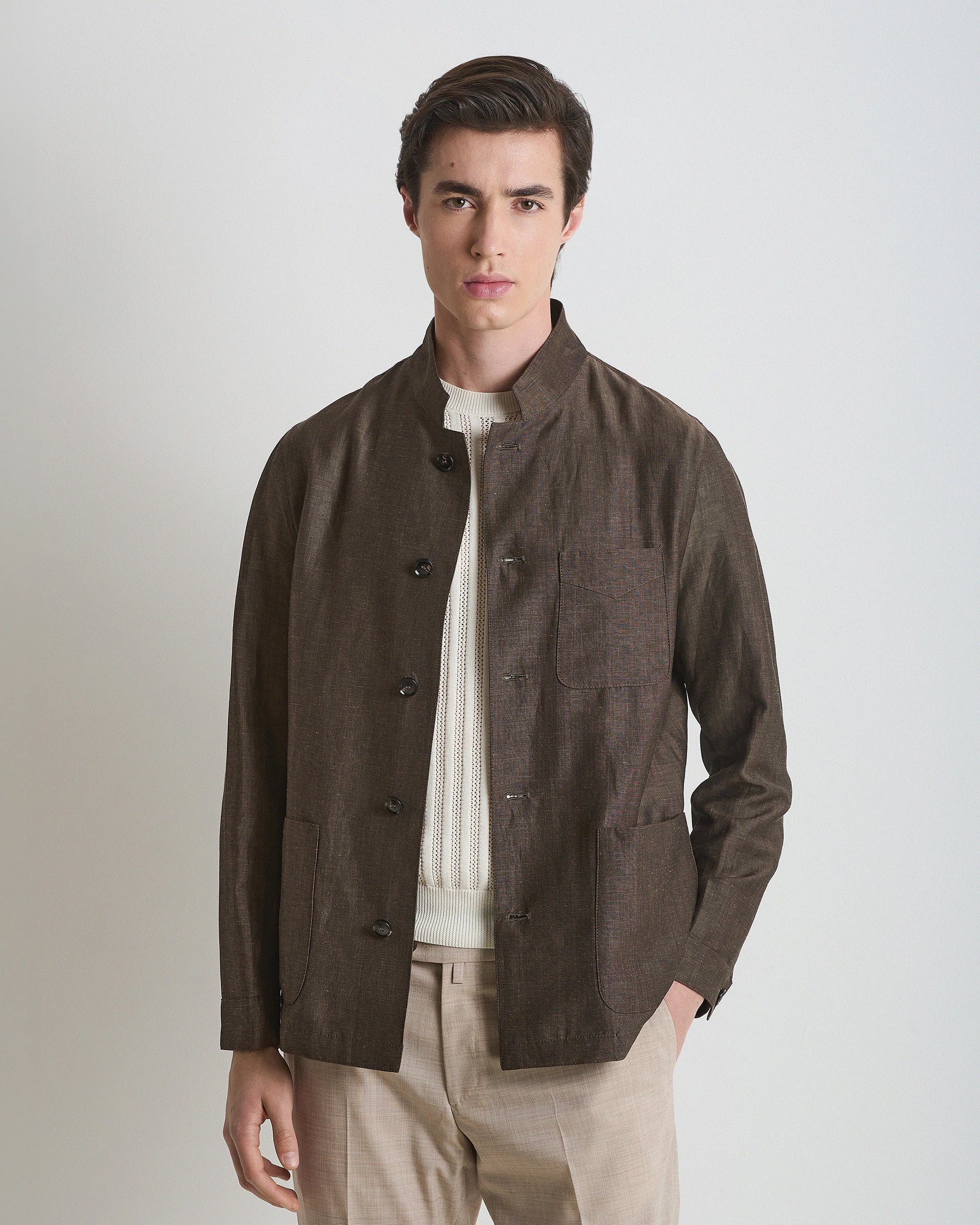 Brown melange wool and linen overshirt from Lanificio Zignone