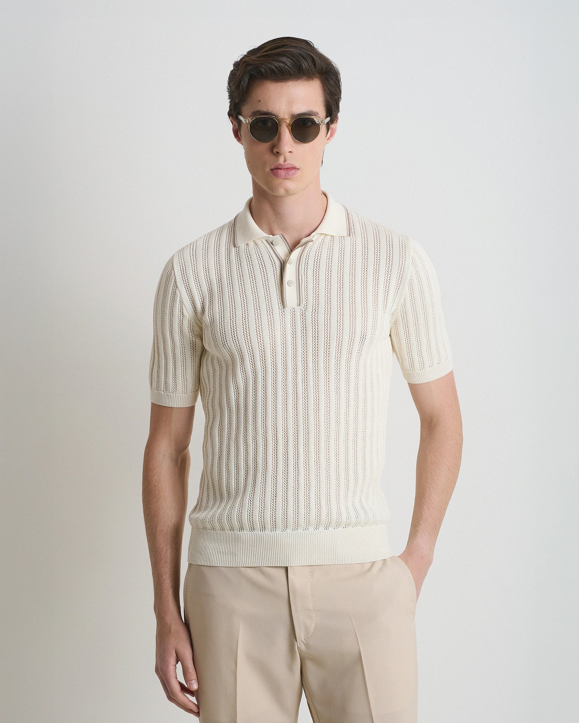 Navy Blue Crochet Crepe Cotton Polo