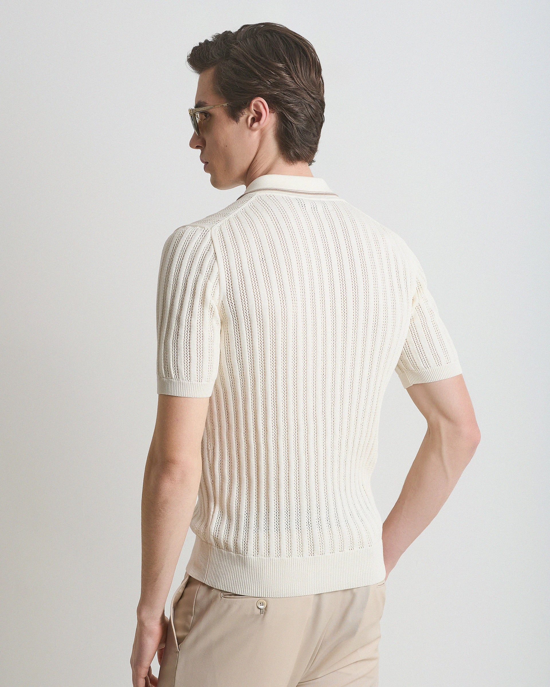 Navy Blue Crochet Crepe Cotton Polo