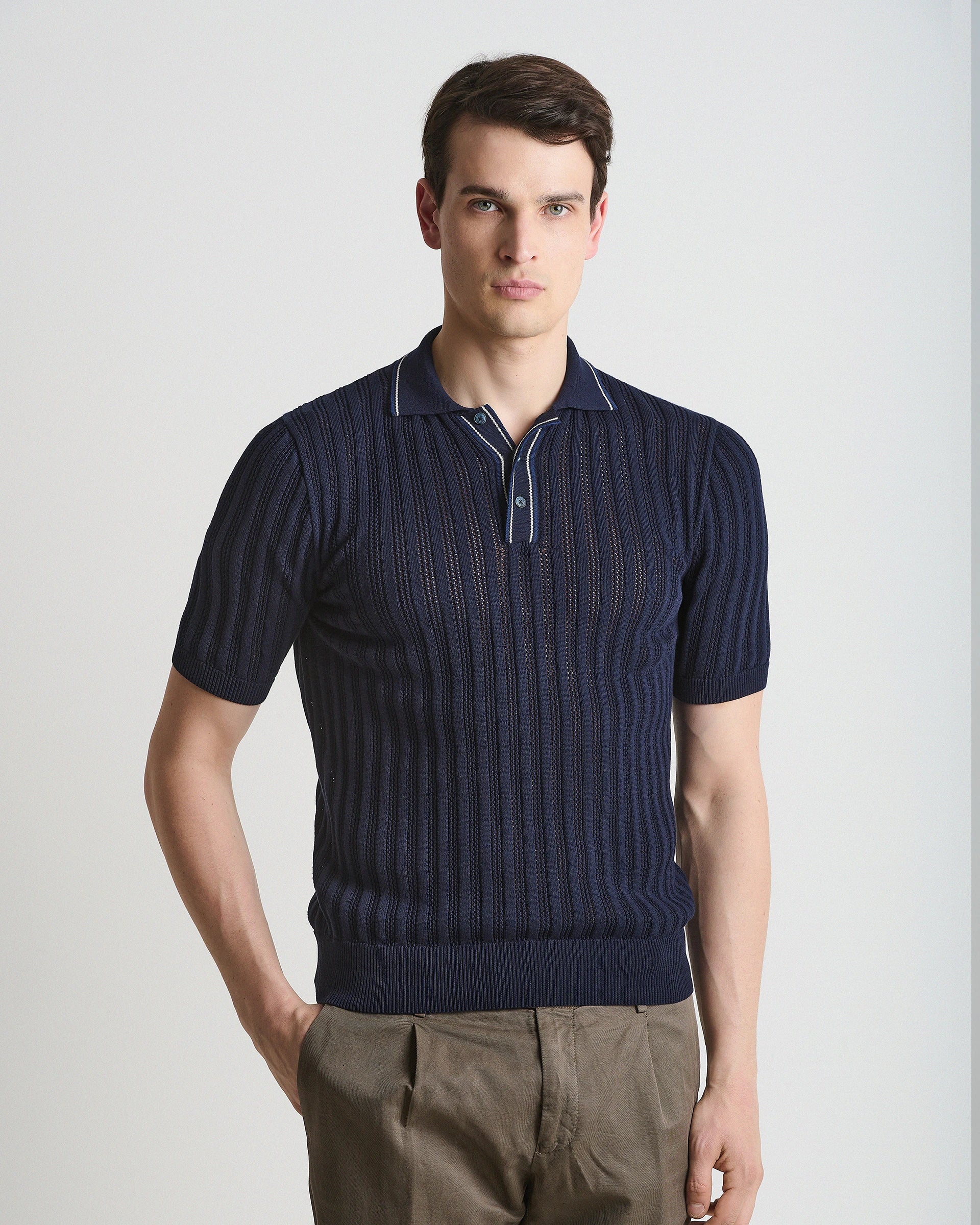 Navy Blue Crochet Crepe Cotton Polo