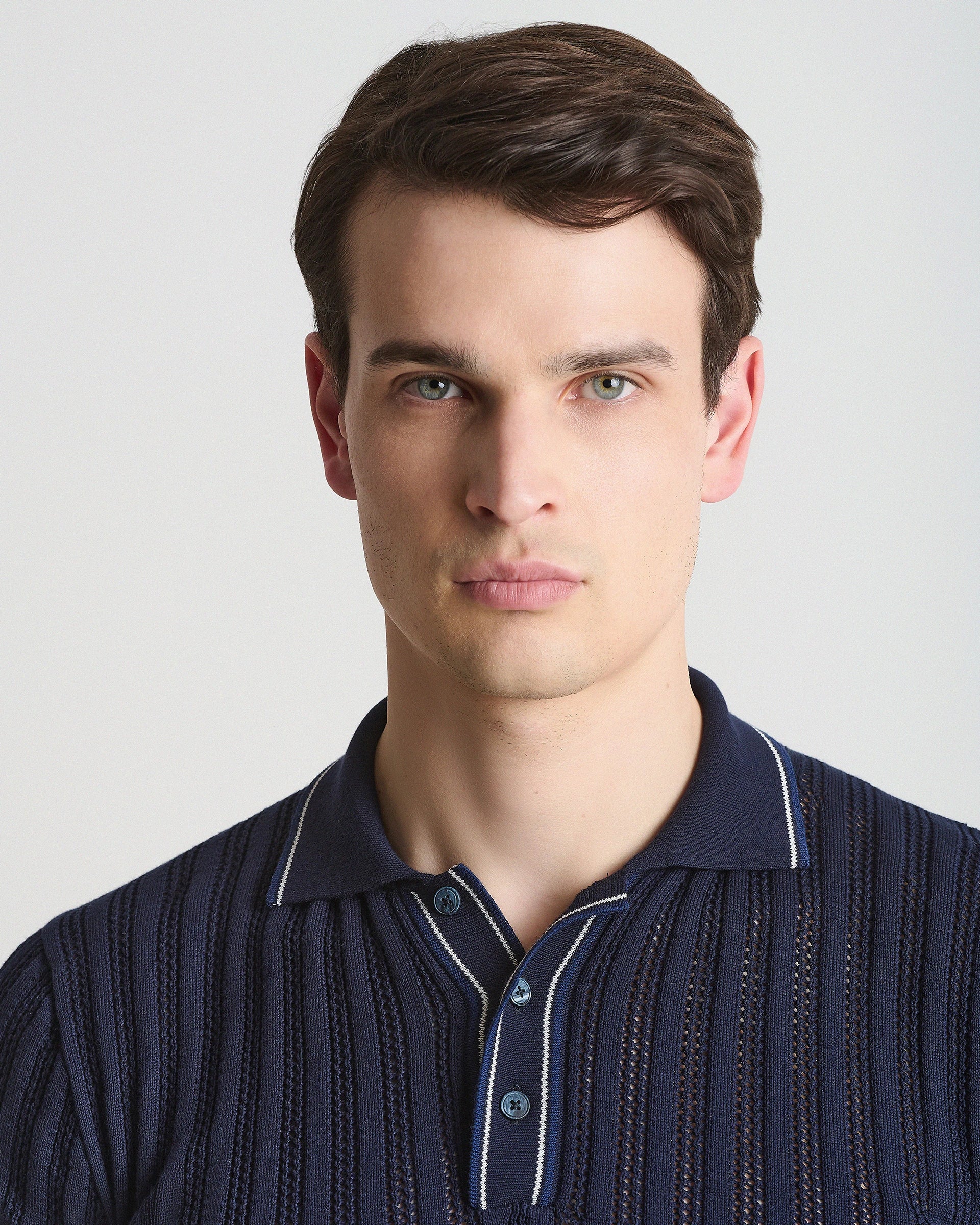 Navy Blue Crochet Crepe Cotton Polo