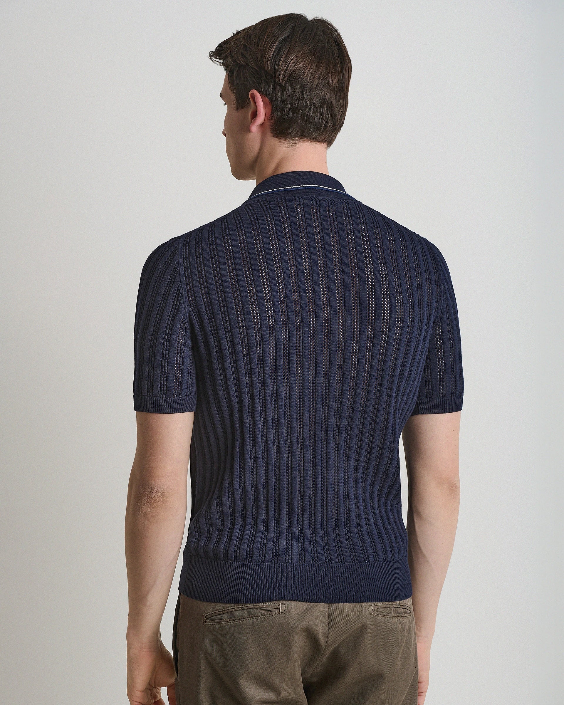 Navy Blue Crochet Crepe Cotton Polo
