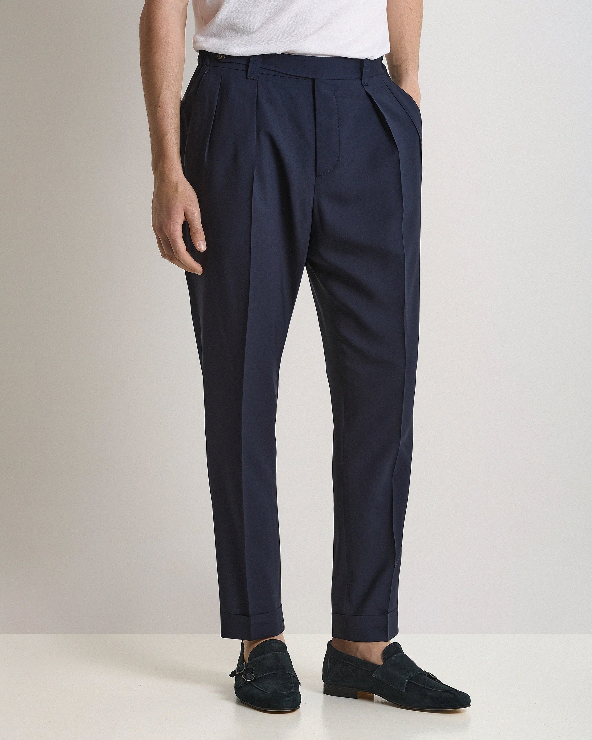 Blue Wool Tailored Pants with pleats and elasticated waistband