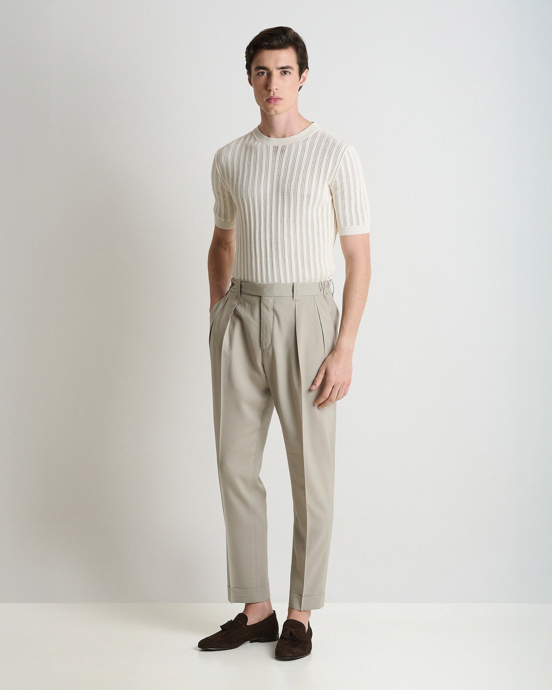 Beige Wool Tailored Pants with pleats and elasticated waistband