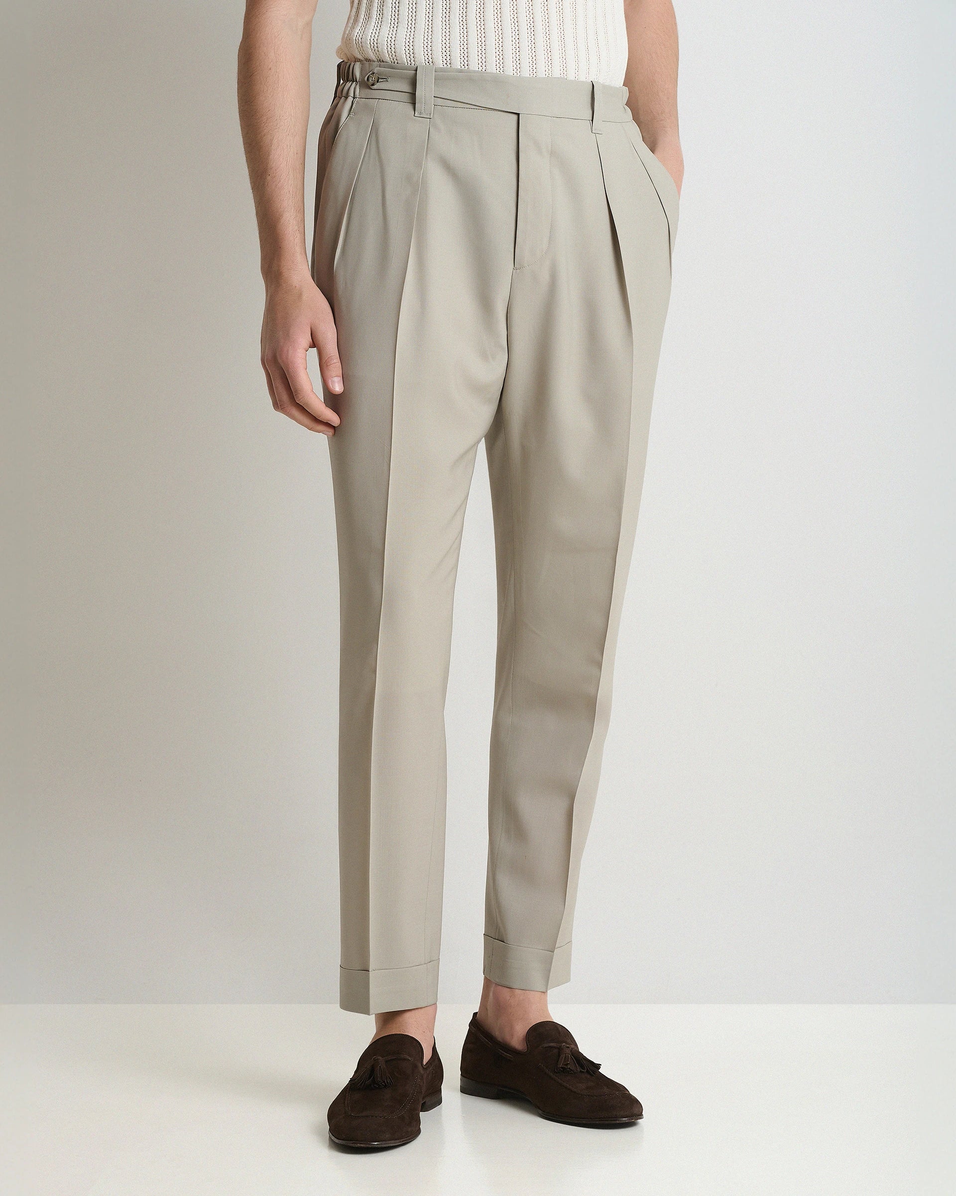 Beige Wool Tailored Pants with pleats and elasticated waistband