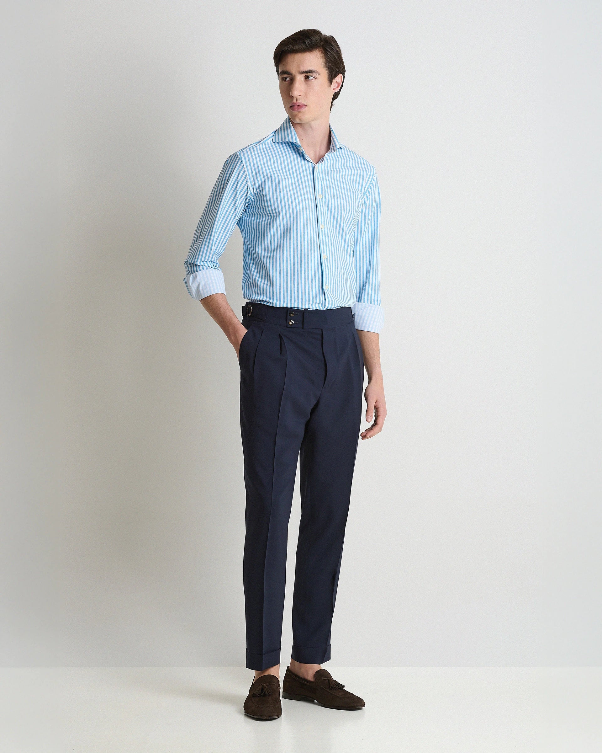 Blue Wool Tailored Pants with high waistband and side adjusters