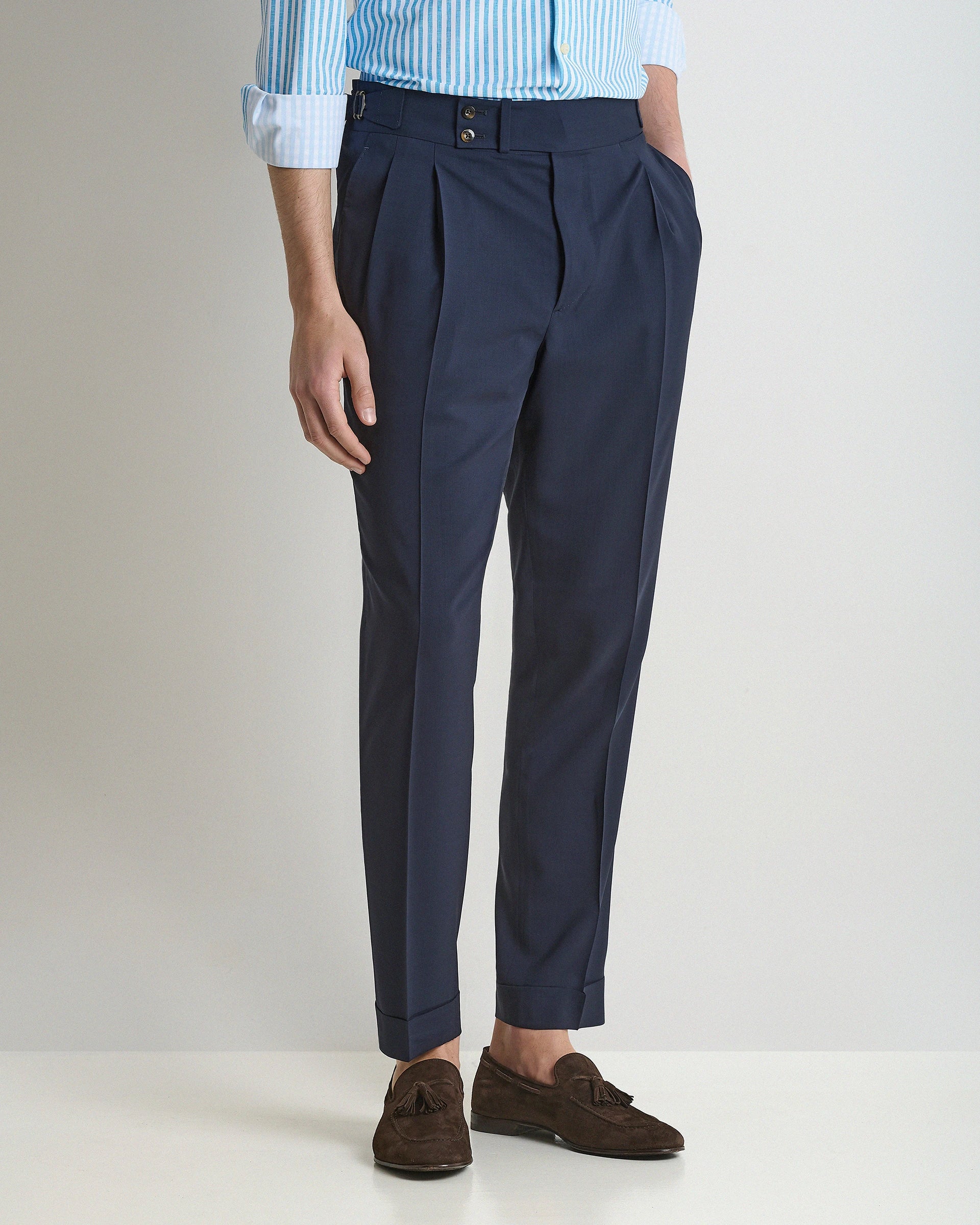 Blue Wool Tailored Pants with high waistband and side adjusters