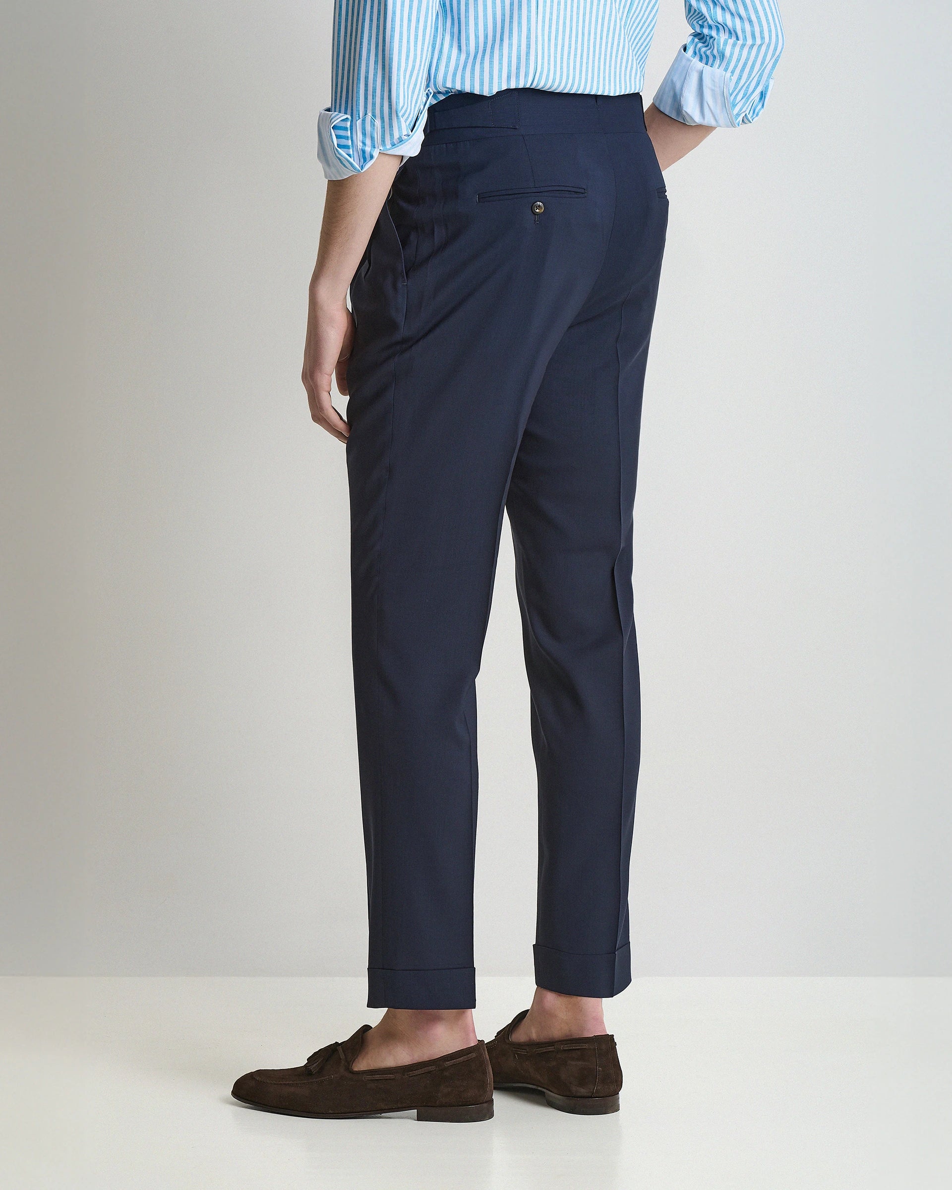 Blue Wool Tailored Pants with high waistband and side adjusters