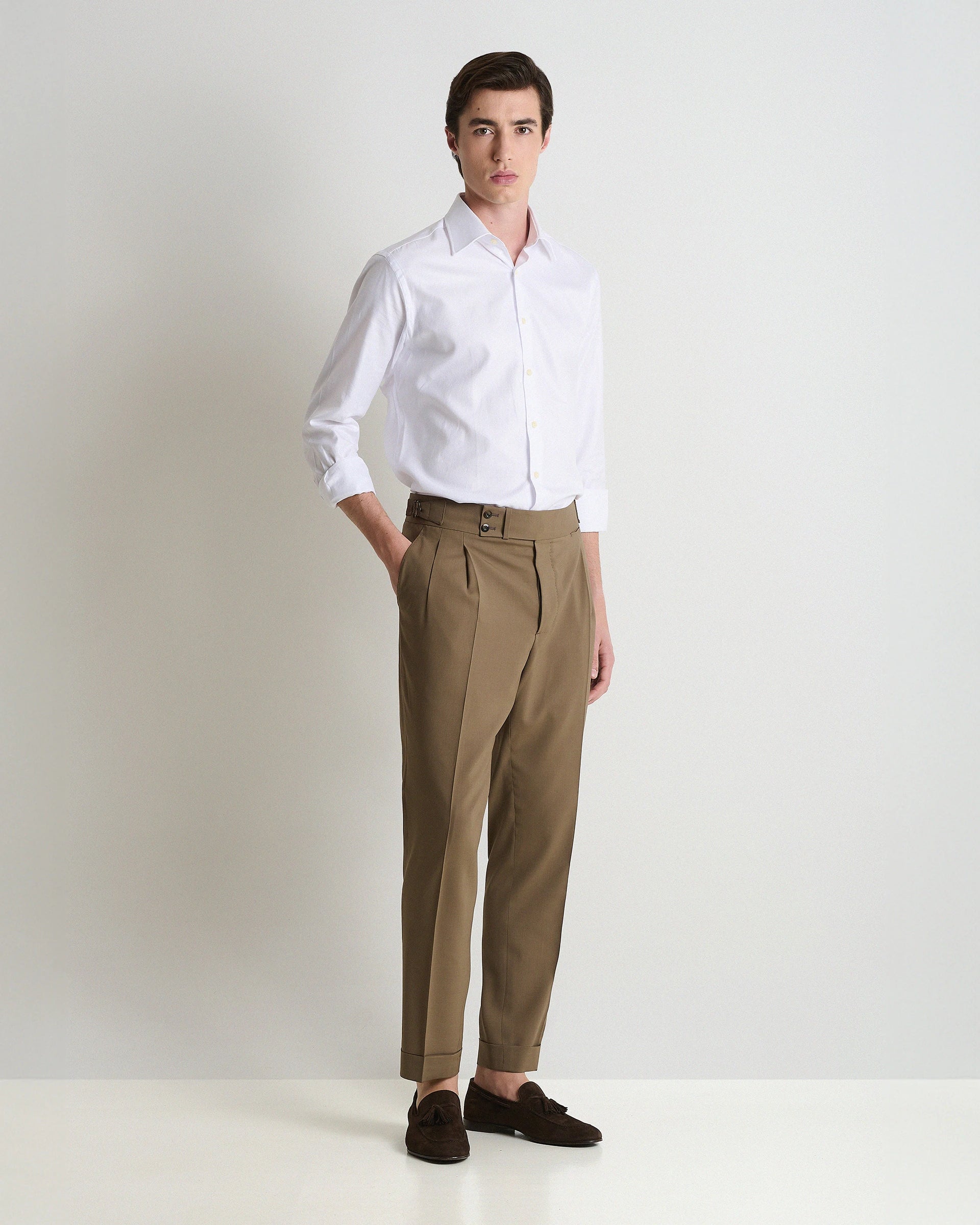 Beige Wool Tailored Pants with high waistband and side adjusters