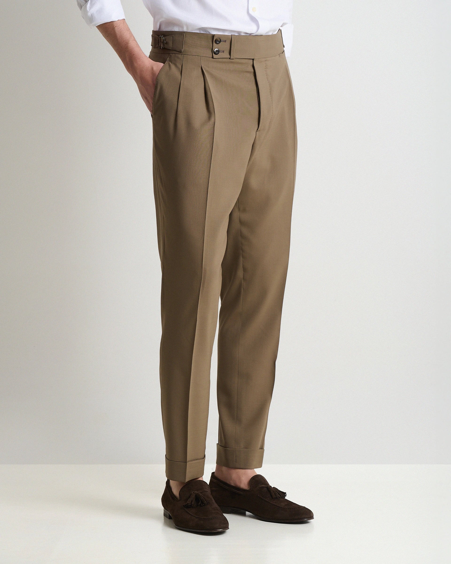 Beige Wool Tailored Pants with high waistband and side adjusters