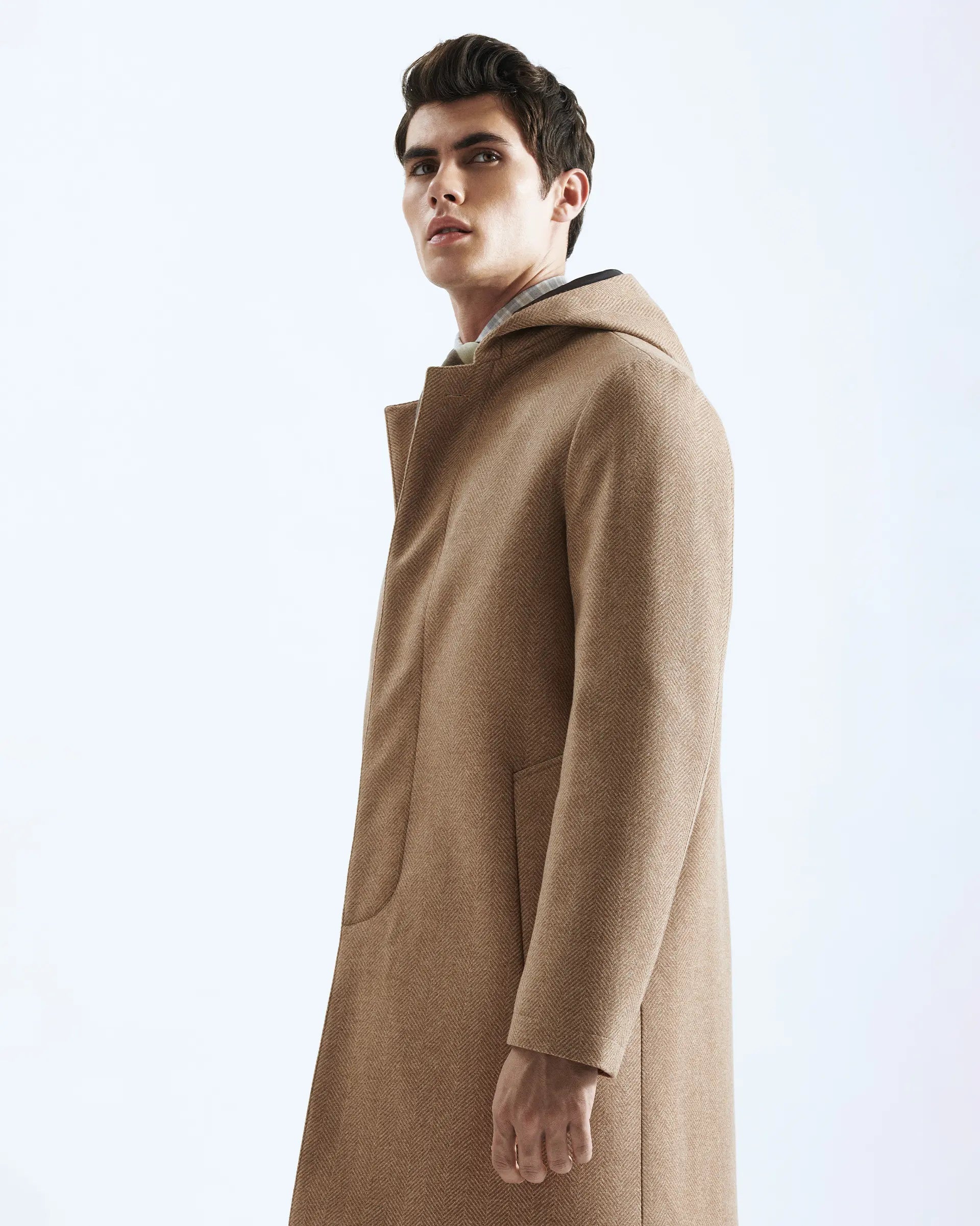 Beige Wool Hooded Coats-Loro Piana "Storm System" fabric