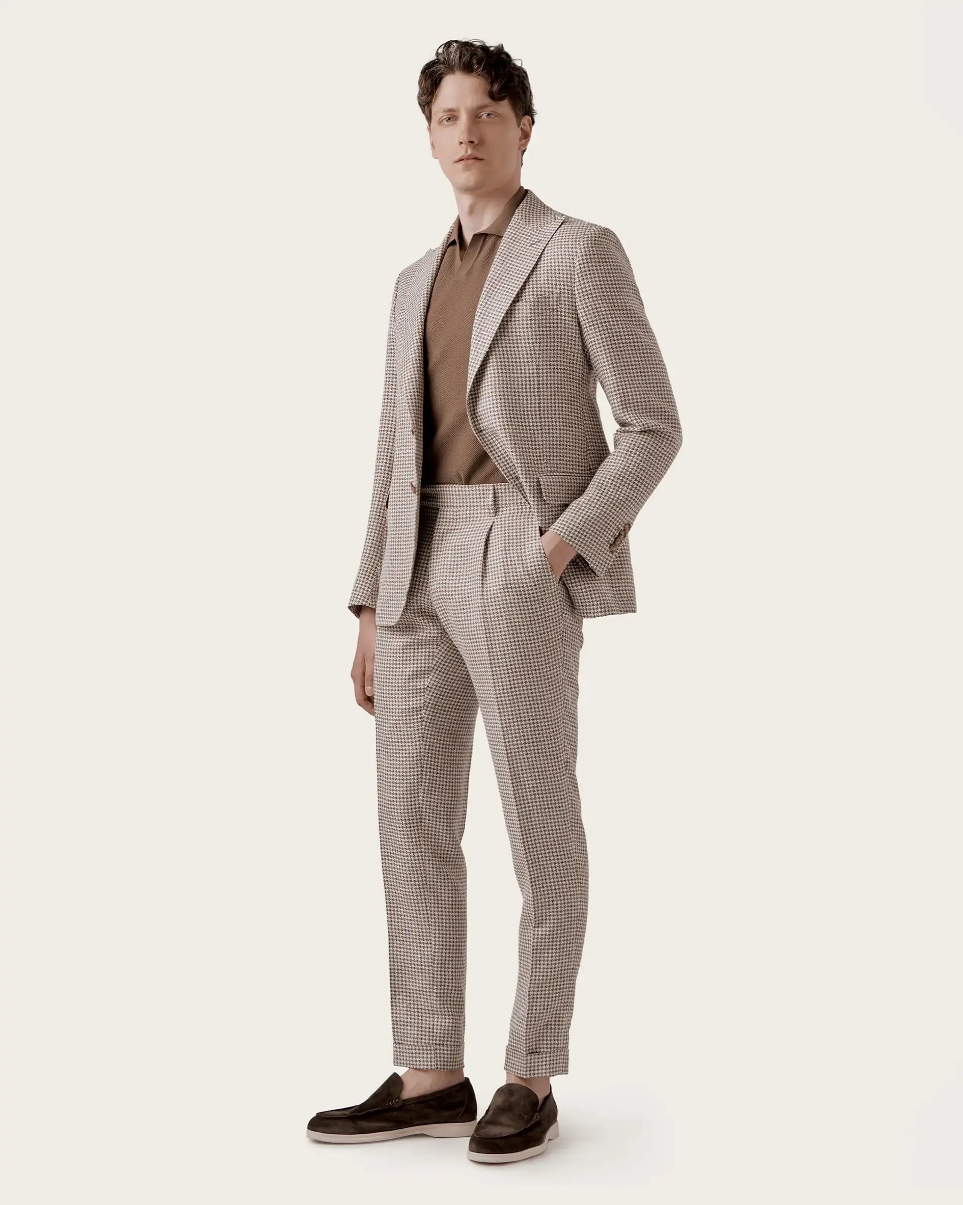 Brown Pied de Poule Linen Silk Cotton Pants