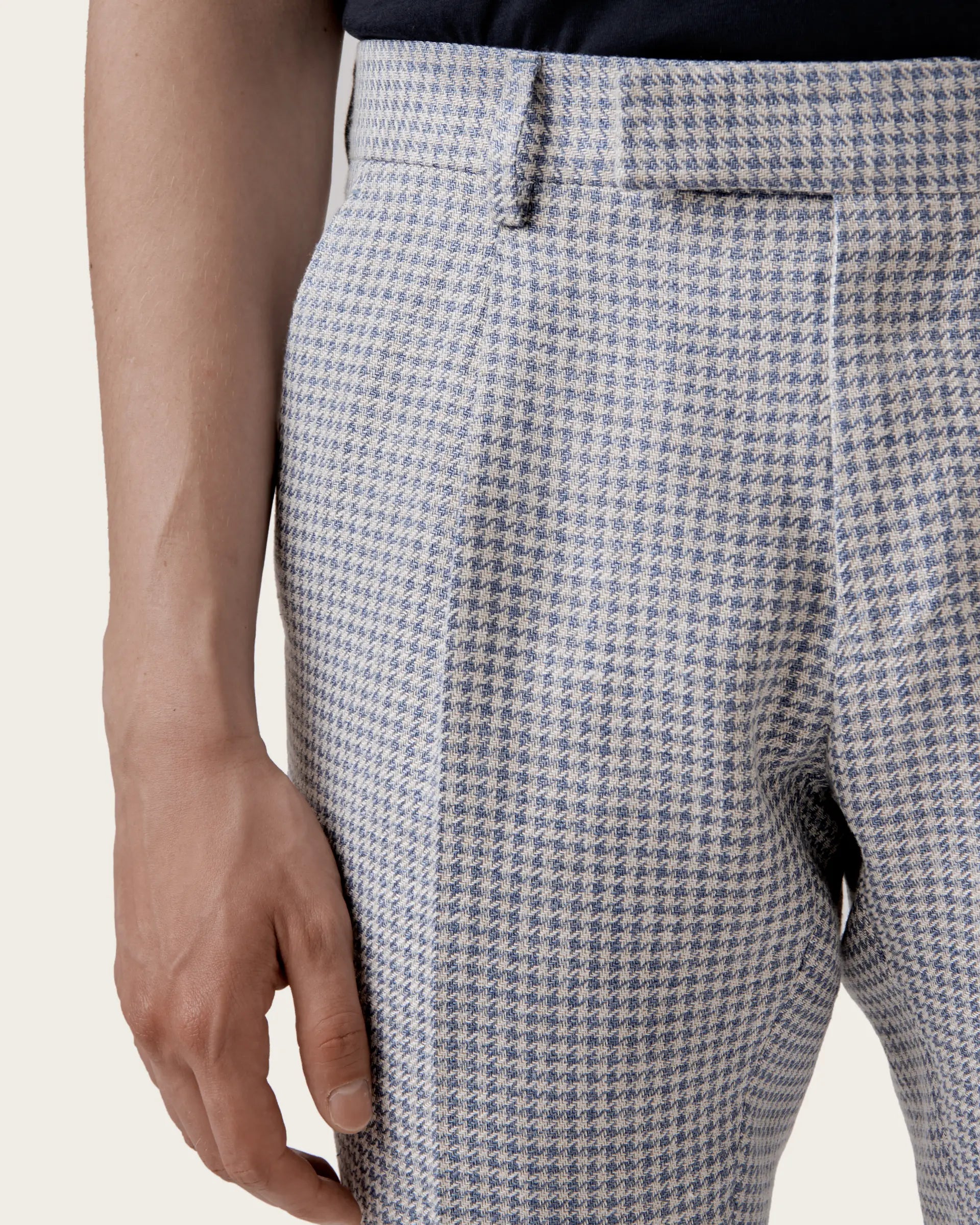 Avion Blue Pied de Poule Pleated Linen Silk Cotton Pants