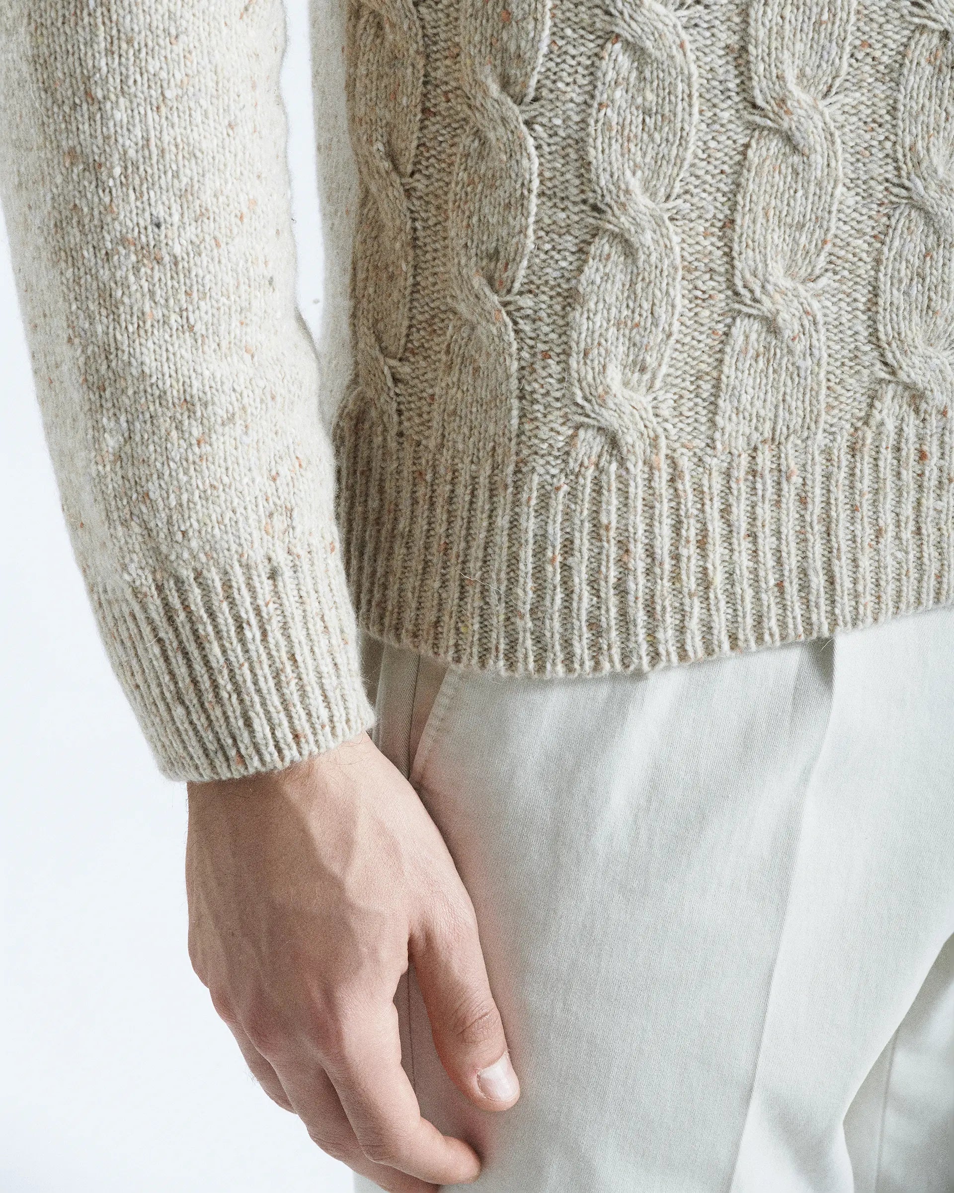 Beige Cable Knit Wool Blend Crewneck Sweaters