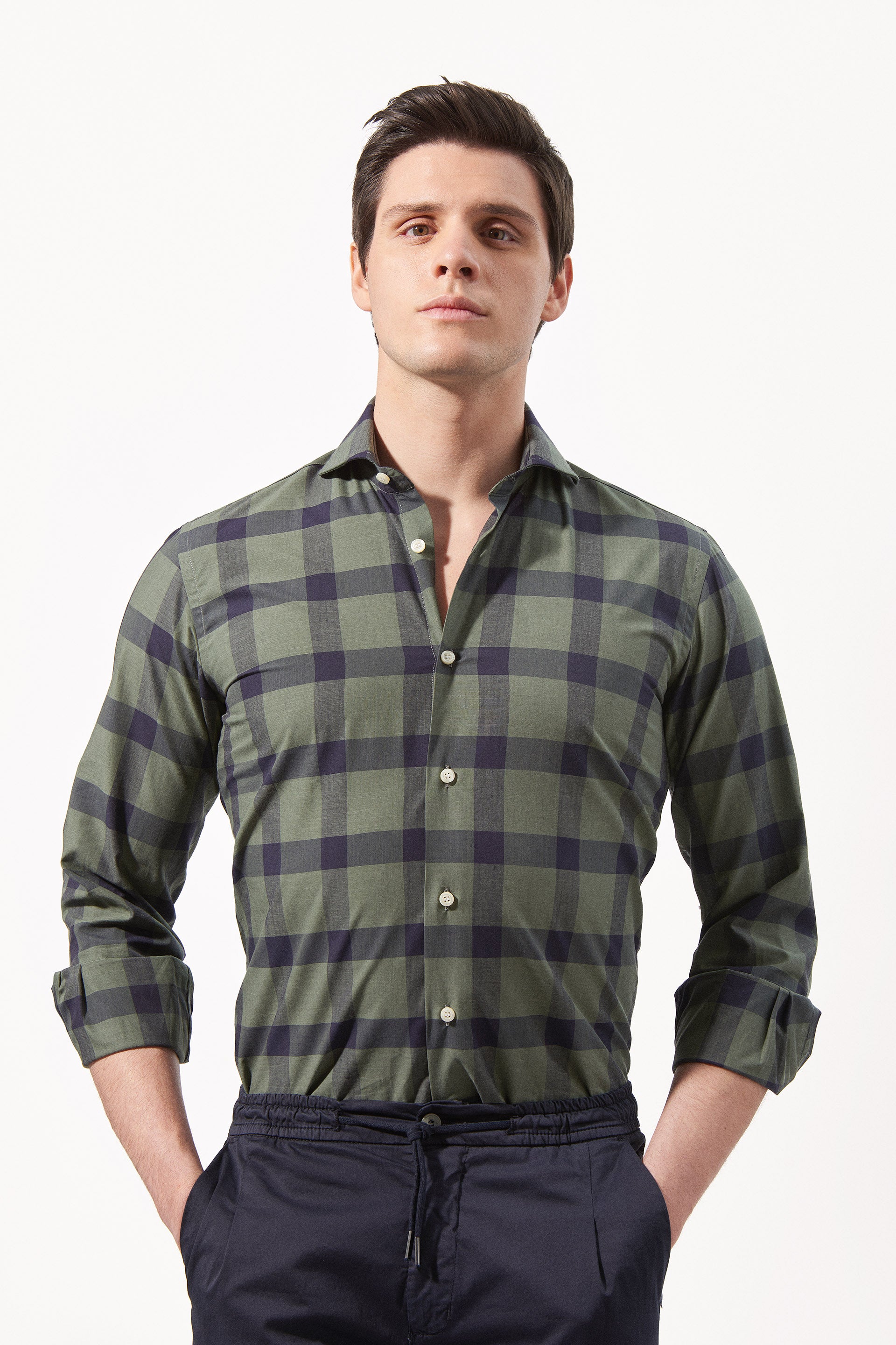 Slim fit green check shirt with cutaway collar