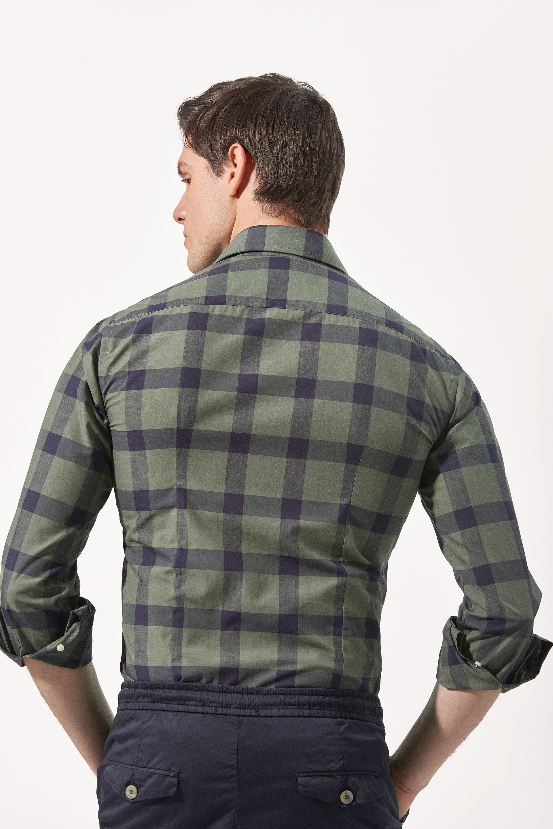 Slim fit green check shirt with cutaway collar