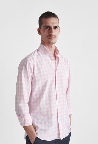 Slim Fit Pink Check Seer Sucker Shirt with Cutaway Collar